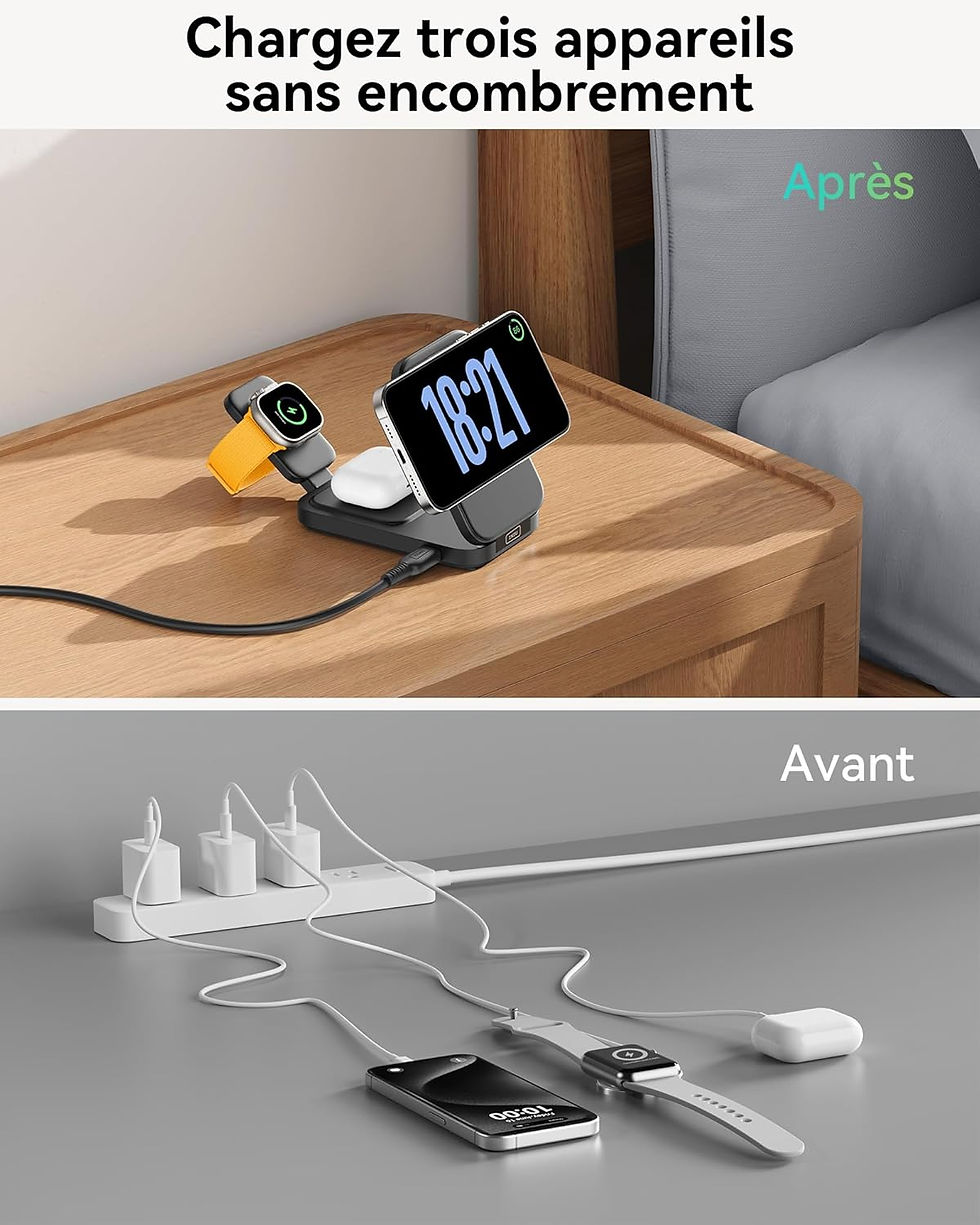 Thumbnail: INIU 3 en 1 Chargeur Induction iPhone, 15W Certifié Qi2 Chargeur Sans Fil Magn
