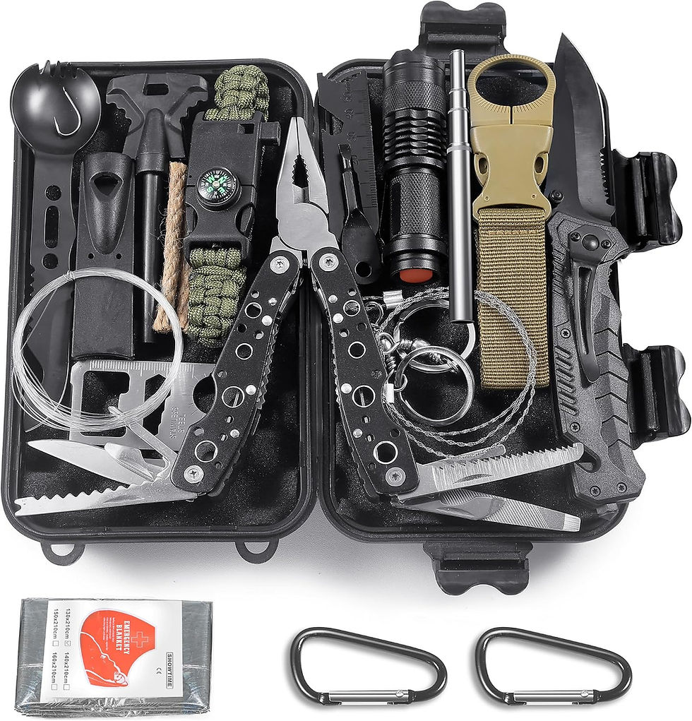 Graxury, kit de survie ouvert avec outils, lampe et mousquetons