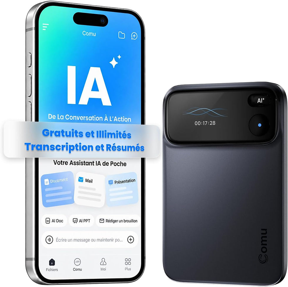 Comu Action Pro, enregistreur vocal noir à côté d’un téléphone affichant l’application