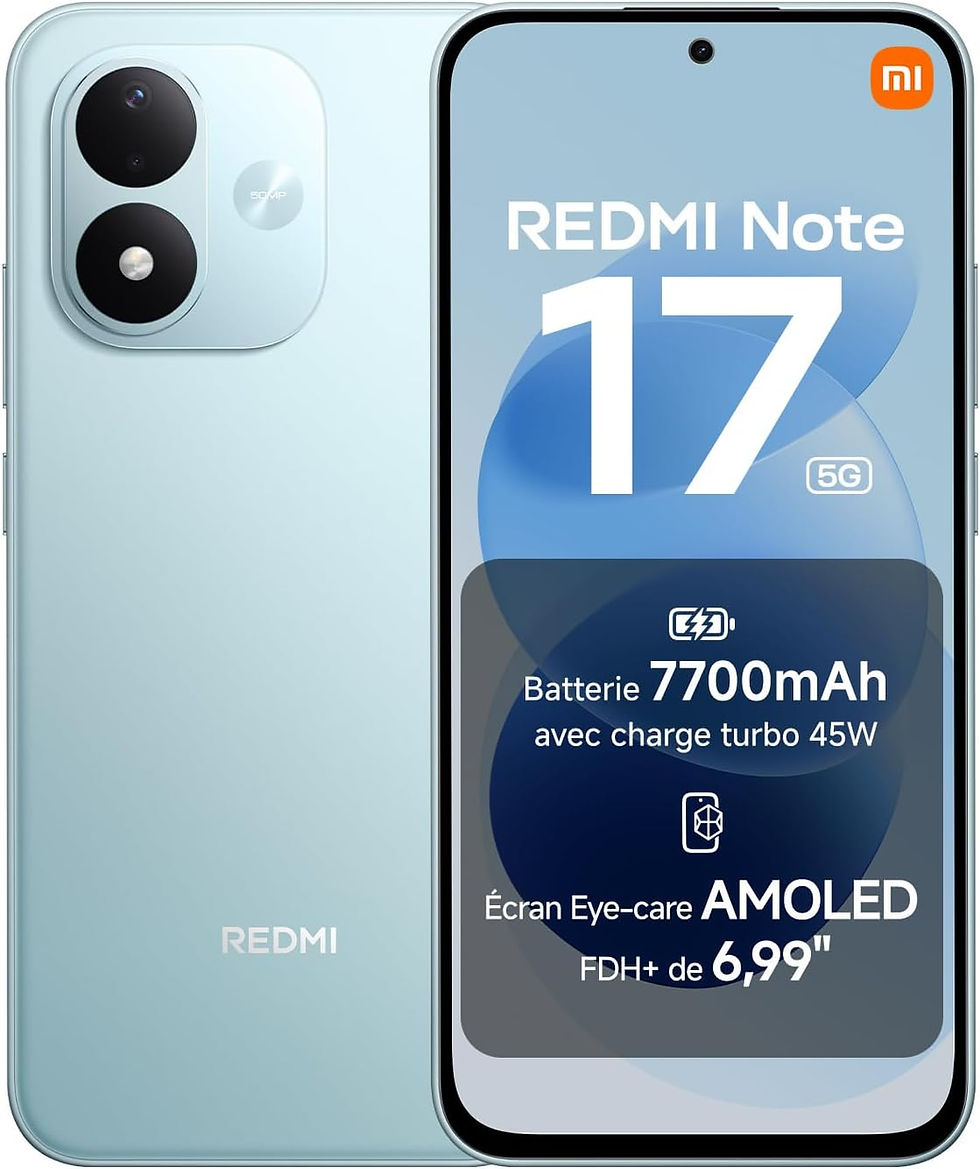 Xiaomi REDMI Note 17 Pro 5G bleu clair avec vue arrière et fiche produit visible