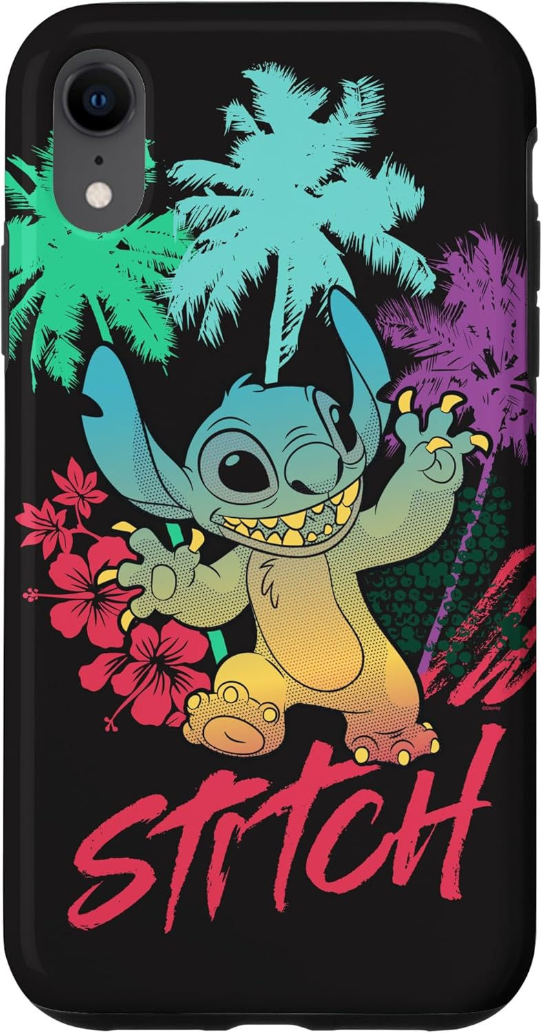 Coque pour iPhone XR Disney Stitch Beach Vibes Hawai'i Hibiscus Fleurs et palmiers