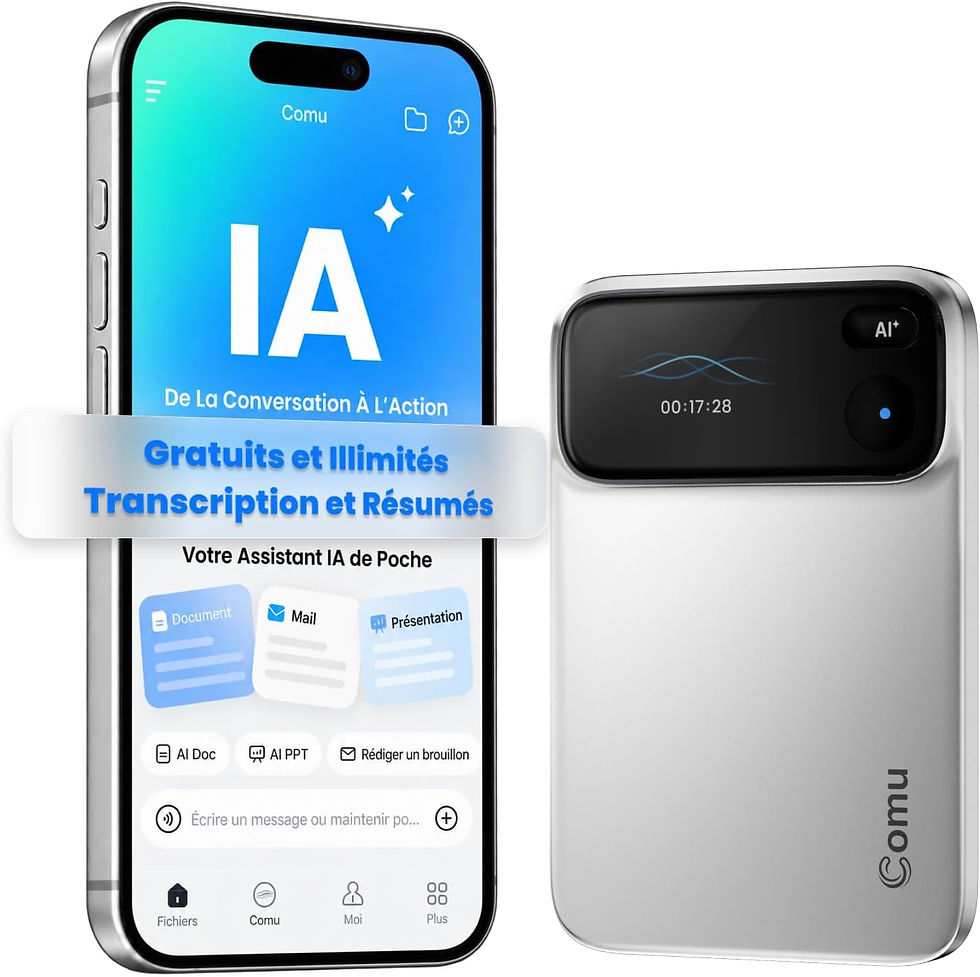 Enregistreur Comu Action Pro gris avec écran d’application sur smartphone