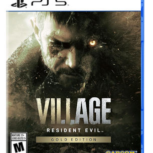 Resident Evil Village Gold Edition for PlayStation 5 – official game cover featuring dark horror visuals and main character Ethan Winters