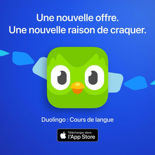 Logo Duolingo avec slogan et bouton App Store.