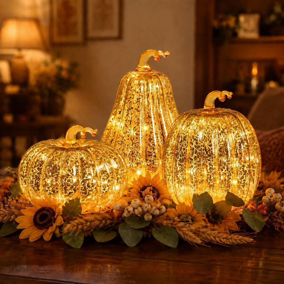 Bdor mercury glass pumpkin lights arranged with warm amber illumination