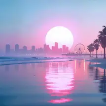 Illustration stylisée d’un coucher de soleil sur une plage avec palmiers, grande roue et skyline, inspirée de l’univers visuel de GTA 6