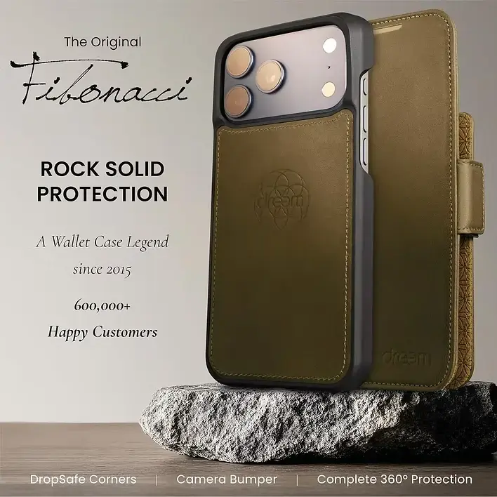 Pub pour coque portefeuille iPhone verte sur une pierre, avec texte The Original Fibonnacci, Rock Solid Protection et 360° حماية