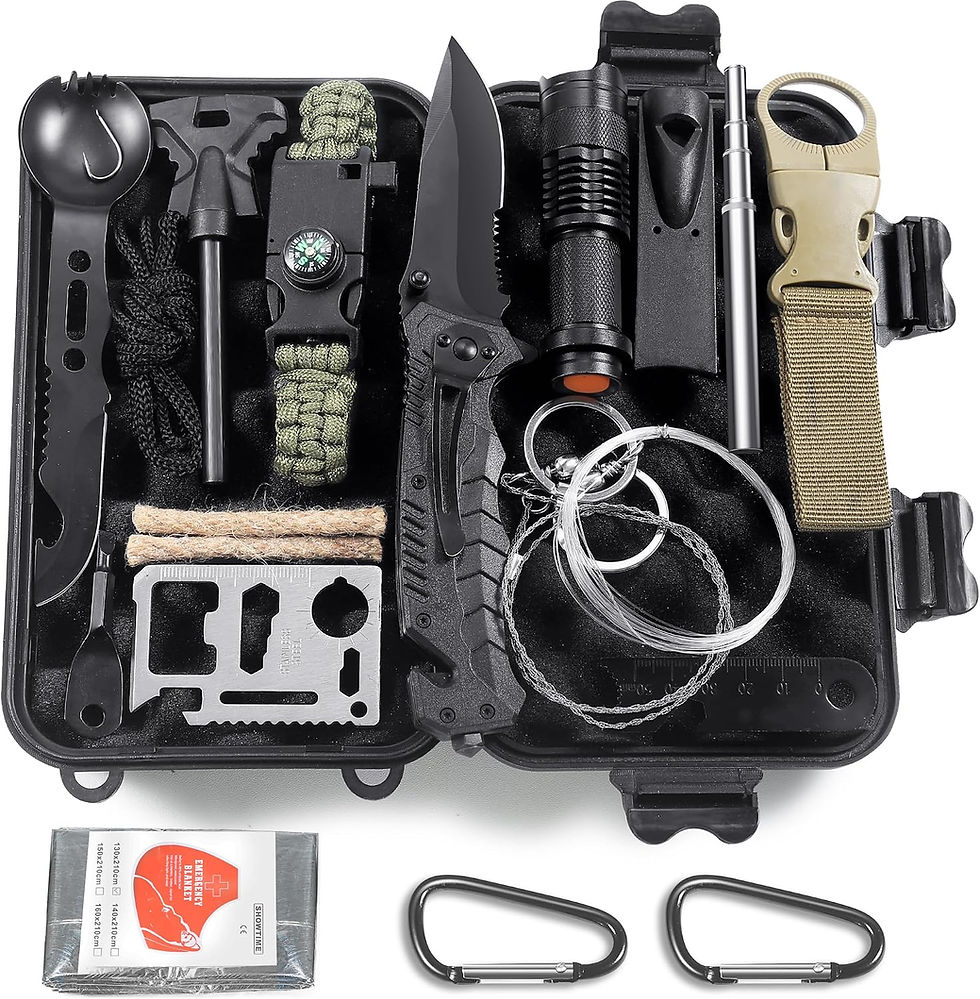 Kit de survie Graxury avec accessoires rangés dans deux compartiments