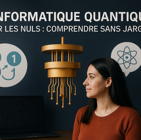“Portrait d’une femme face à un ordinateur quantique stylisé, avec les textes ‘L’informatique quantique pour les nuls : comprendre sans jargon’. Illustration éducative sur fond bleu dédiée à la vulgarisation des technologies du futur.”