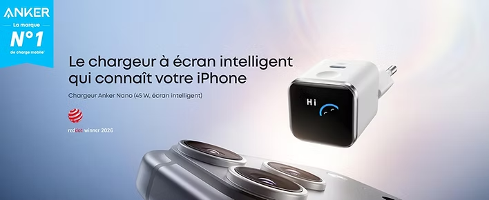 Publicité Anker: chargeur Nano blanc à écran affiche Hi, au-dessus d’un iPhone; fond dégradé bleu-blanc et texte promotionnel.