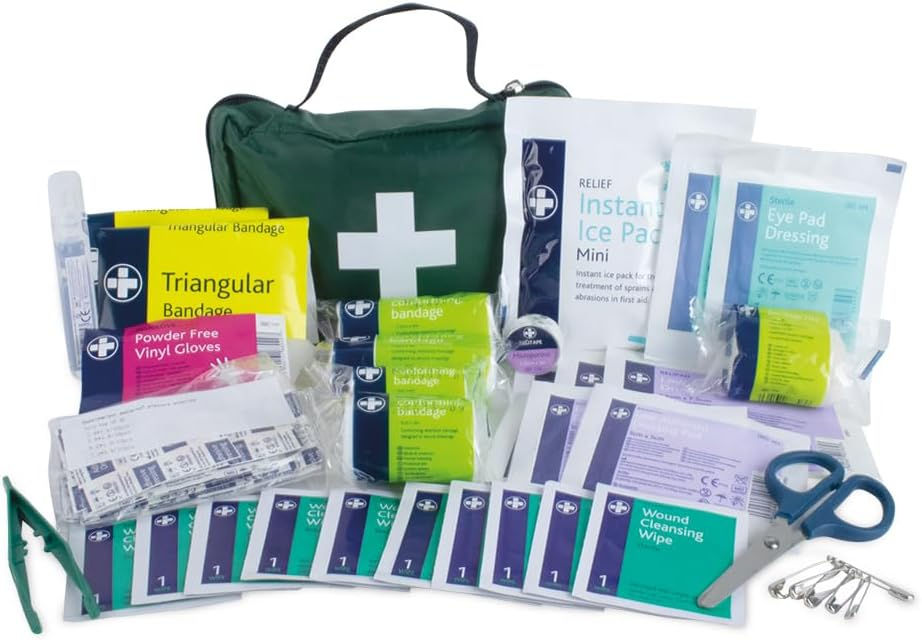 Lewis-Plast, trousse de premiers secours verte avec fournitures étalées
