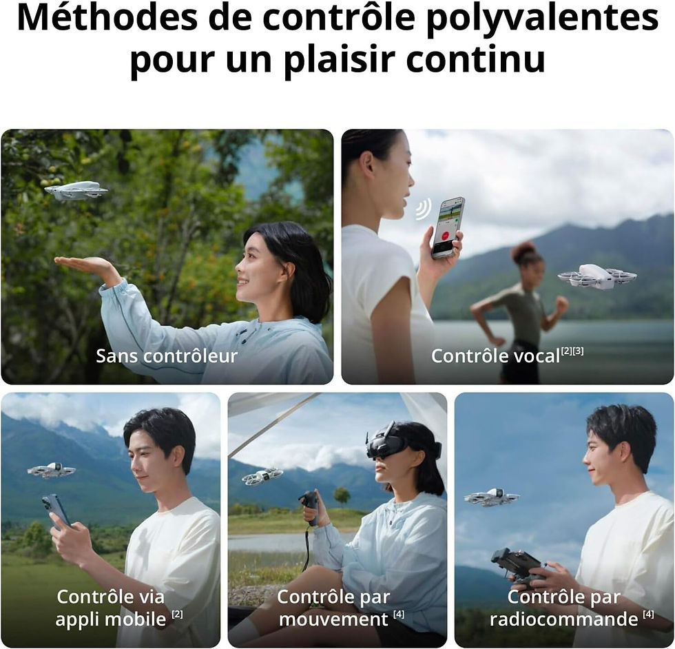 Miniature : Options de pilotage du DJI Neo : sans contrôleur, via appli mobile ou commande vocale