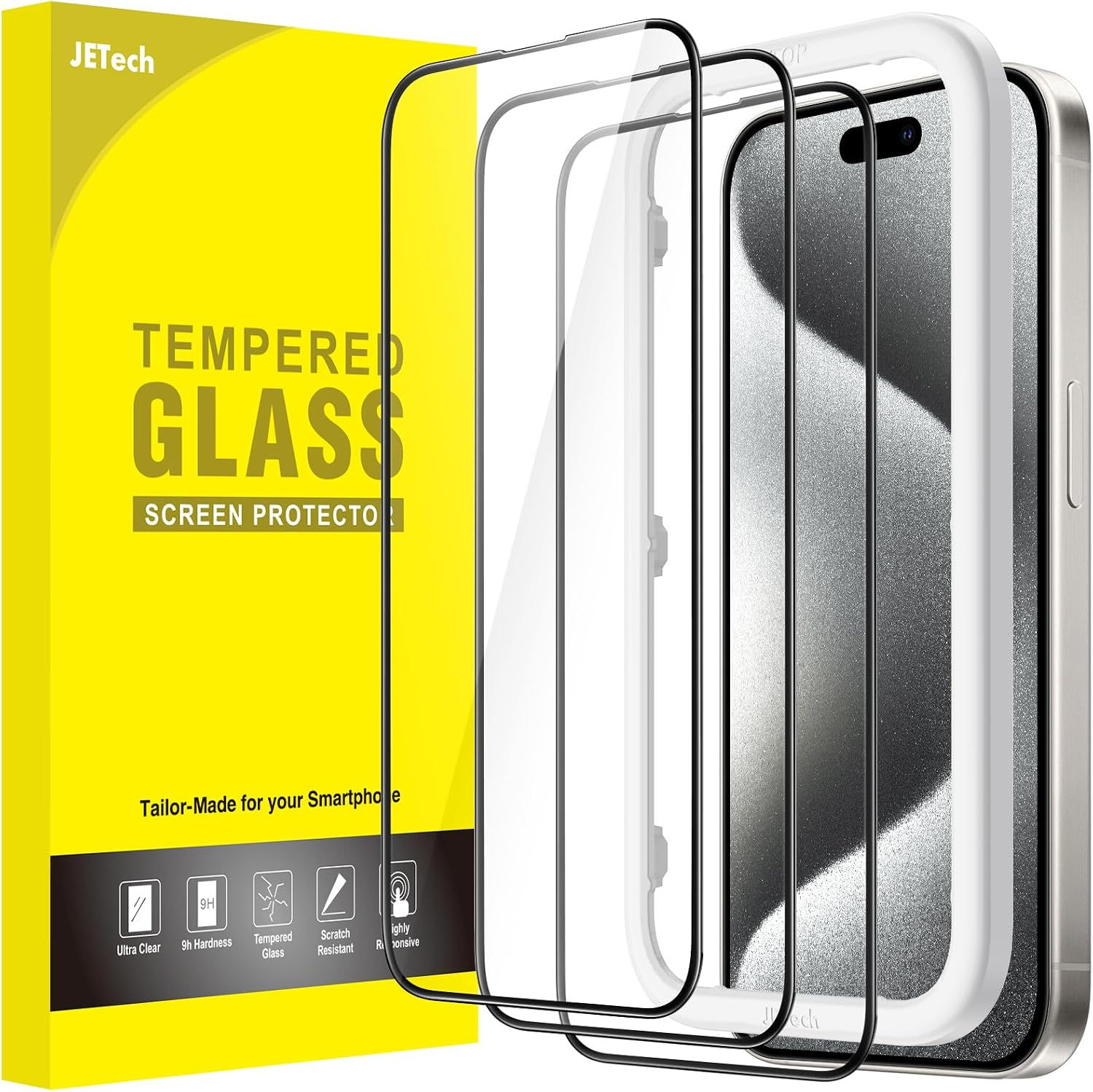 JETech Verre Trempé Intégrale pour iPhone 15 Pro — Lot de 3