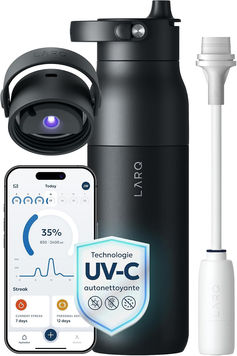 LARQ Bottle PureVis 2 noire avec bouchon UV-C, filtre et écran de l’application