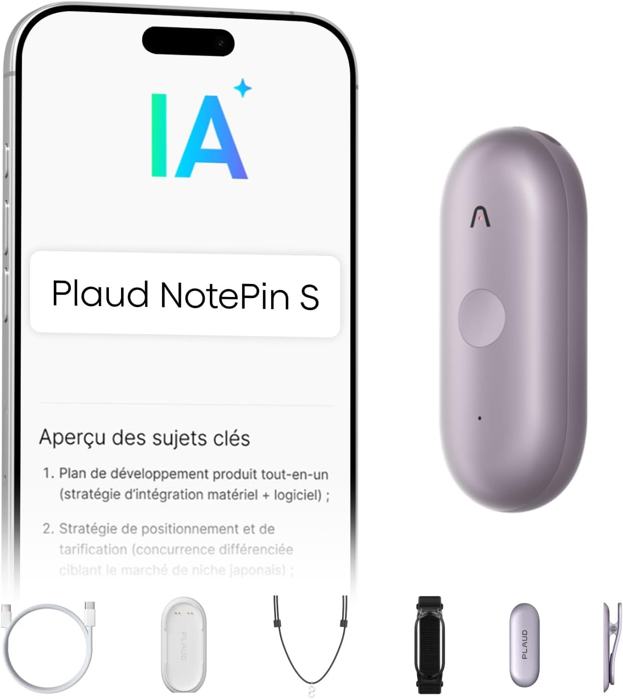 Plaud NotePin S mauve à côté d’un téléphone affichant des notes