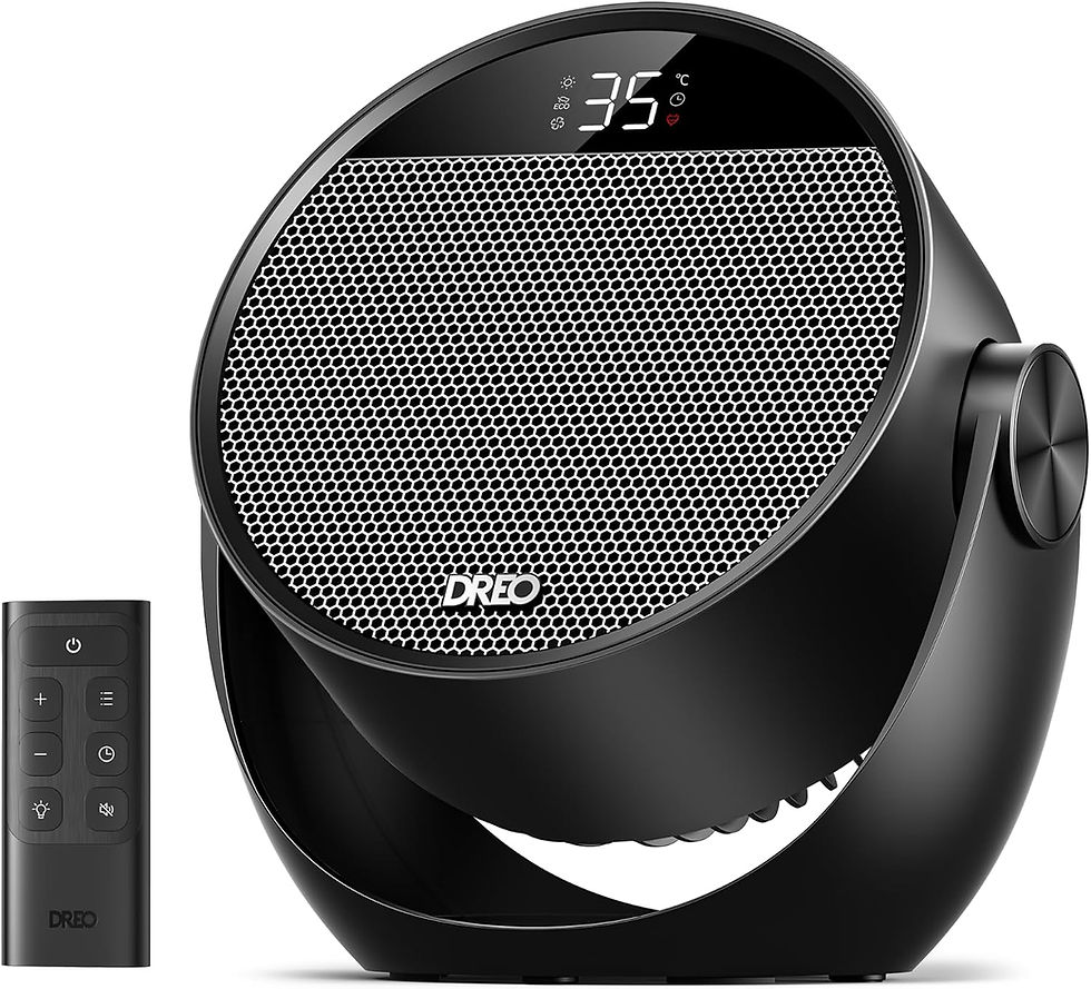 Dreo Atom 320 noir inclinable avec télécommande, vue rapprochée sur fond blanc