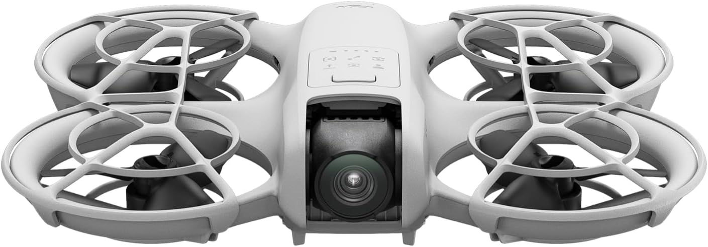 Caméra 4K du drone DJI Neo avec protection intégrée vue de dessus