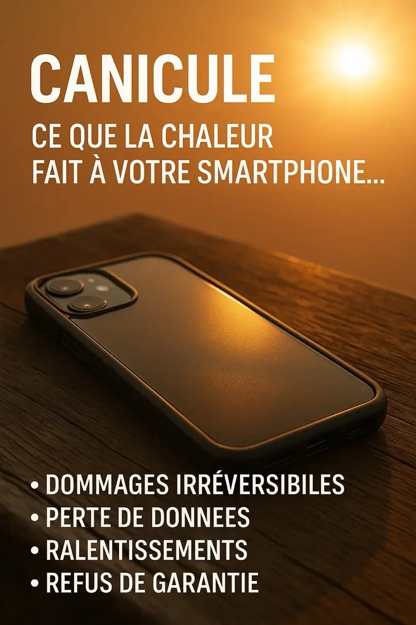 Smartphone posé en plein soleil sur une surface boisée, avec texte en surimpression expliquant les risques de la canicule sur les appareils : dommages irréversibles, perte de données, ralentissements, refus de garantie.