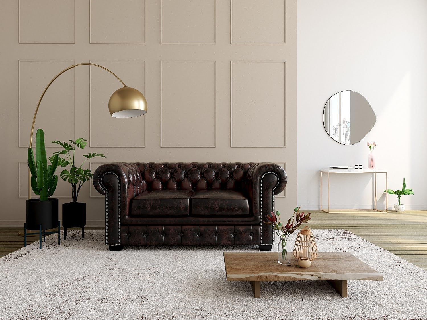 Canapé Chesterfield cuir marron dans salon chic