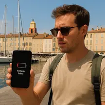 Touriste inquiet sur le port de Saint-Tropez montrant son iPhone affichant âBatterie faibleâ en plein soleil dâĂ©tĂ©, avec les voiliers et bĂątiments typiques en arriĂšre-plan.