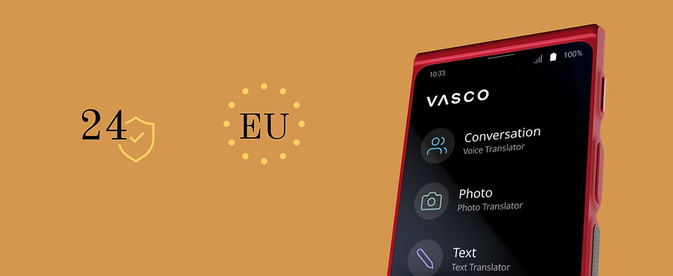 Visuel Vasco Translator V4 avec carte de l’Europe et écran du traducteur