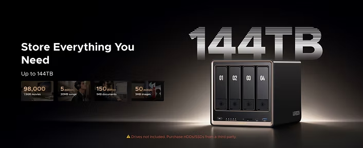 Dark promo for a 4-bay NAS labeled 144TB, showing Store Everything You Need and drives not included.