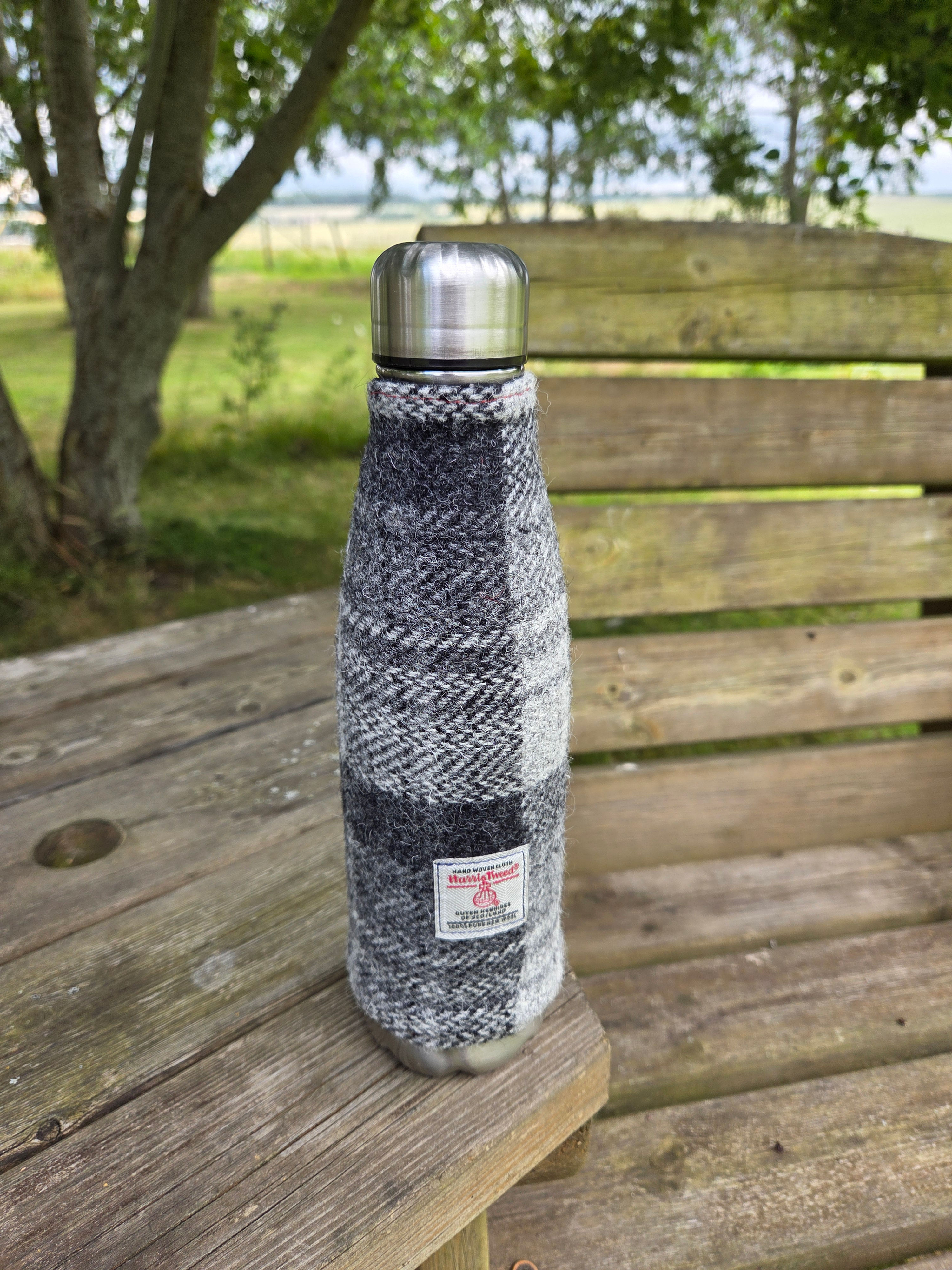 500ml stainless steel thermos bottle wrapped in Harris Tweed® A0235, handmade in Scotland with cotton lining