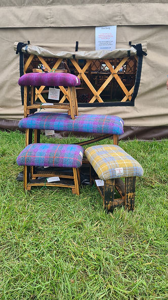 Harris Tweed and Whisky stave Bench and footstools