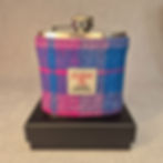 Handmade 6oz stainless steel hip flask with Harris Tweed® Blue/Pink sleeve, presented in silk-lined gift box with funnel.