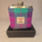 Handmade 6oz stainless steel hip flask with Harris Tweed® Pink/Turquoise sleeve, presented in silk-lined gift box with funnel