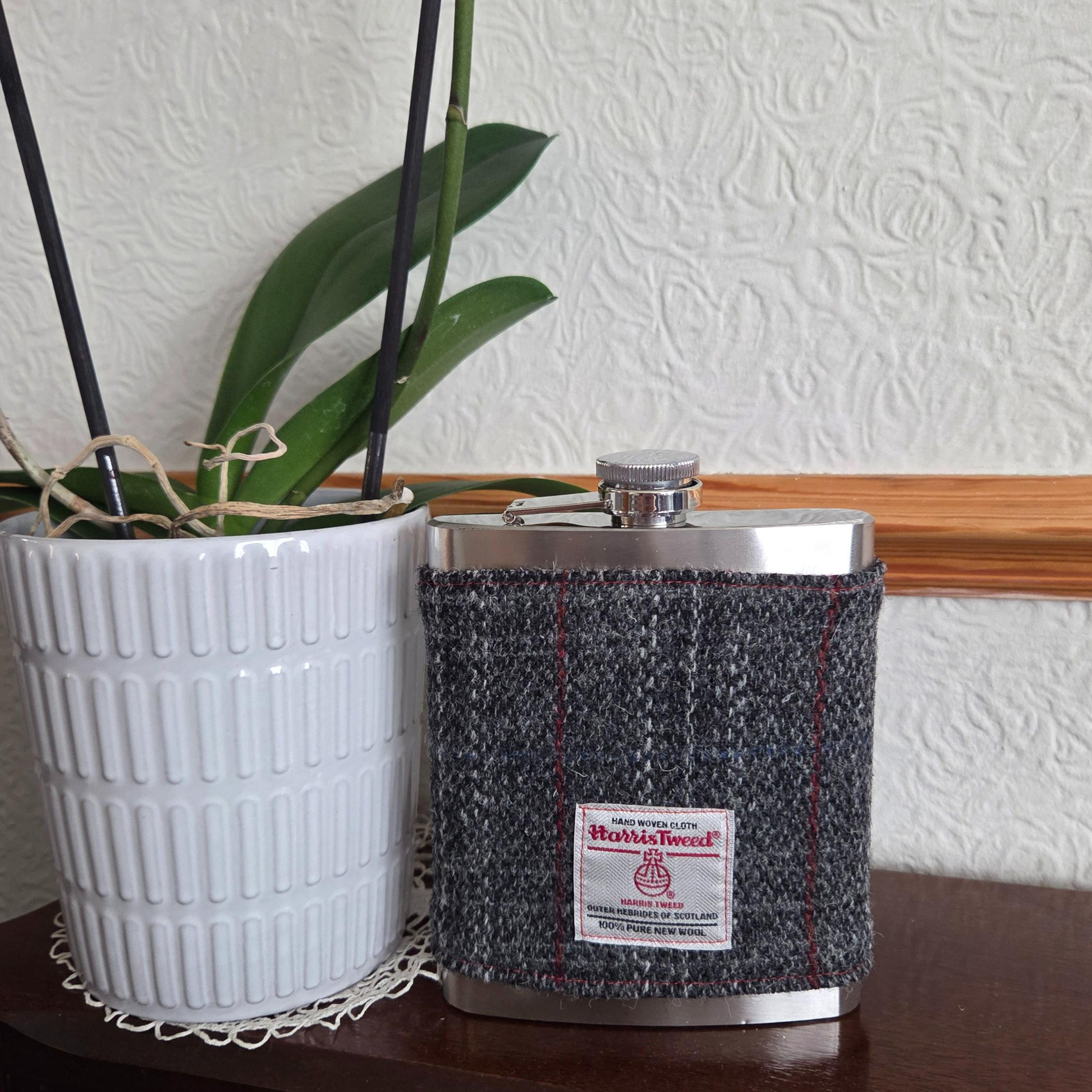 Harris Tweed Grey with red stripe - 18oz Hip Flask