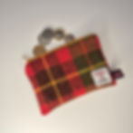 Handmade Harris Tweed® coin purse in red & green check with cotton sheep-pattern lining