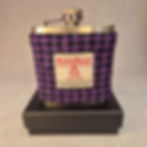 Handmade 6oz stainless steel hip flask with Harris Tweed® Black/Purple sleeve, presented in silk-lined gift box with funnel.