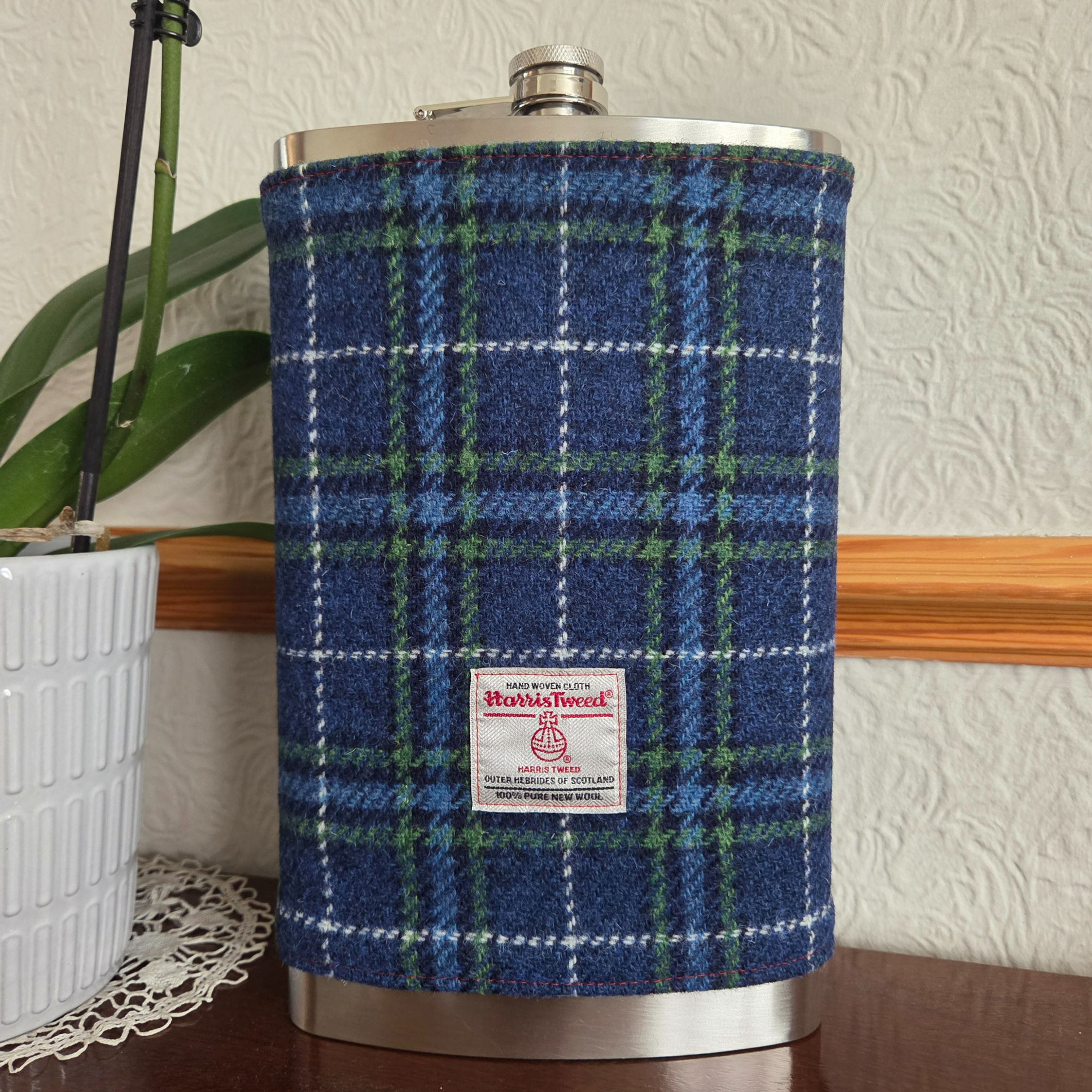 64oz stainless steel hip flask wrapped in Harris Tweed® A0169, handmade in Scotland with cotton lining