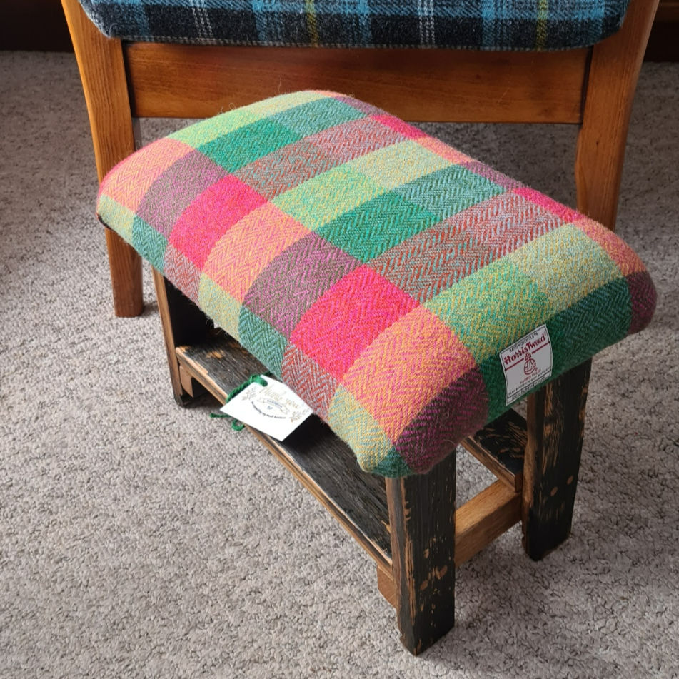 Handcrafted Harris Tweed HB117 footstool made from reclaimed whisky staves
