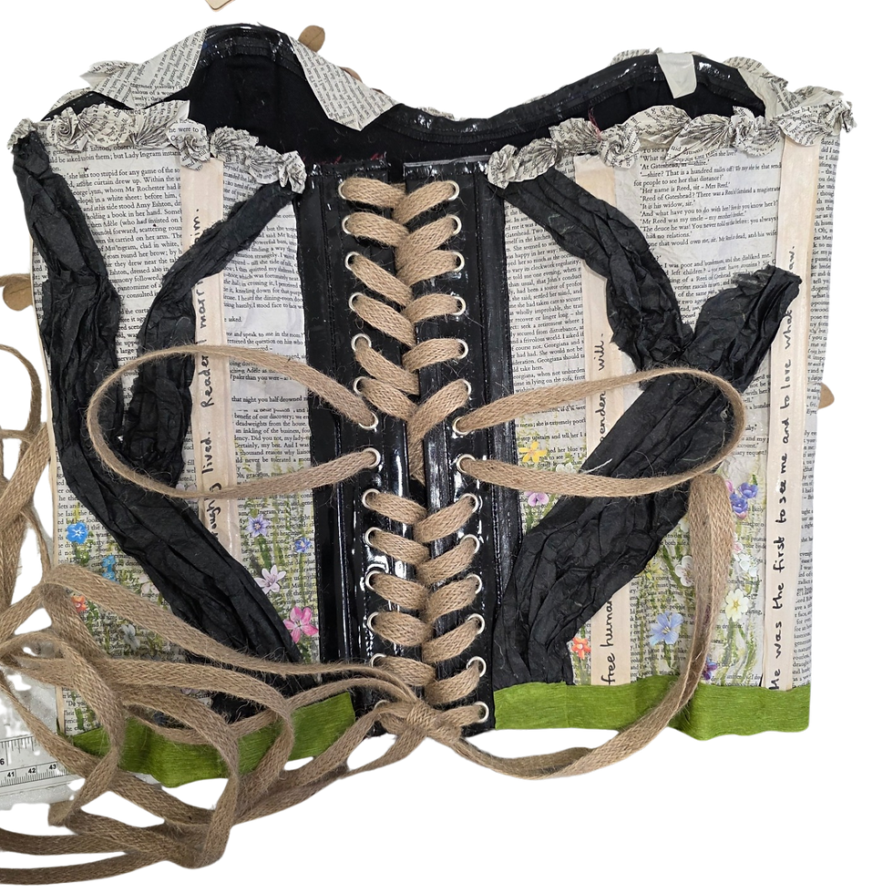 This shows how the bottom of the corset was finished but more importantly how I laced it up. I researched this as I new there were variations of this. As Jane did not have the luxury of a maid to help her dress I used "Bunny Ears" lacing. This was a way in which women could put on and lace their own corset. Large loops (bigger than these) were used at the waist of the corset. This meant it could be put on over the head and then the "ears" were pulled round to the front and then tied.