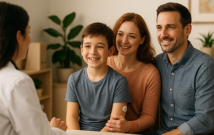 Boy wearing CGM with parents at doctor visit