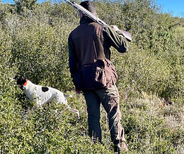 chasseur tenant son fusil sur l'épaule avec son chien à coté de lui