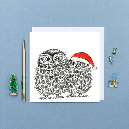 Cute owls Christmas card | Eco animal art cards | Wild Lines