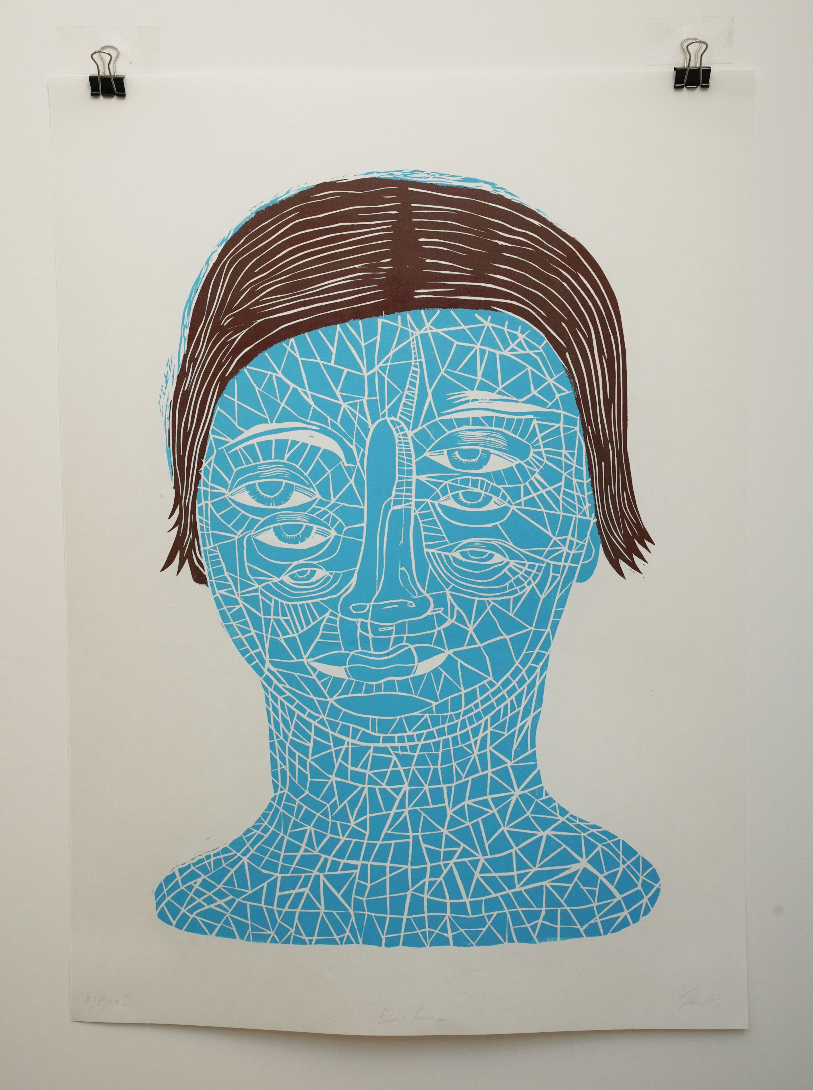 'Blue Roman' (Artist proof no. 2) Hand-printed Lino Cut