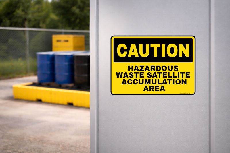 Caution Hazardous Waste Satellite Accumulation Area vinyl sticker mounted on industrial metal wall