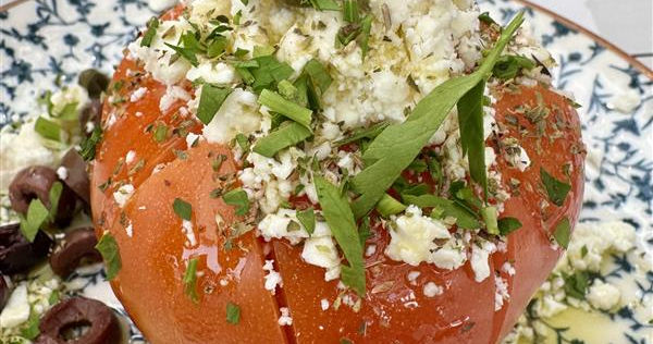 Greek food, tomatoes with feta and olives