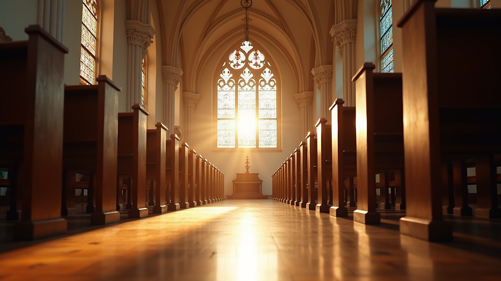 Eye-level view of a serene church interior with sunlight streaming through stained glass windows