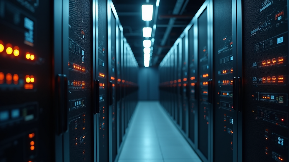 High angle view of a secure server room with blinking lights