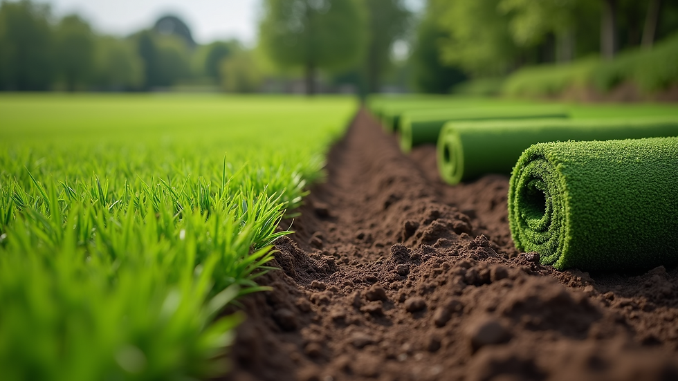 Eye-level view of freshly laid sod rolls on prepared soil