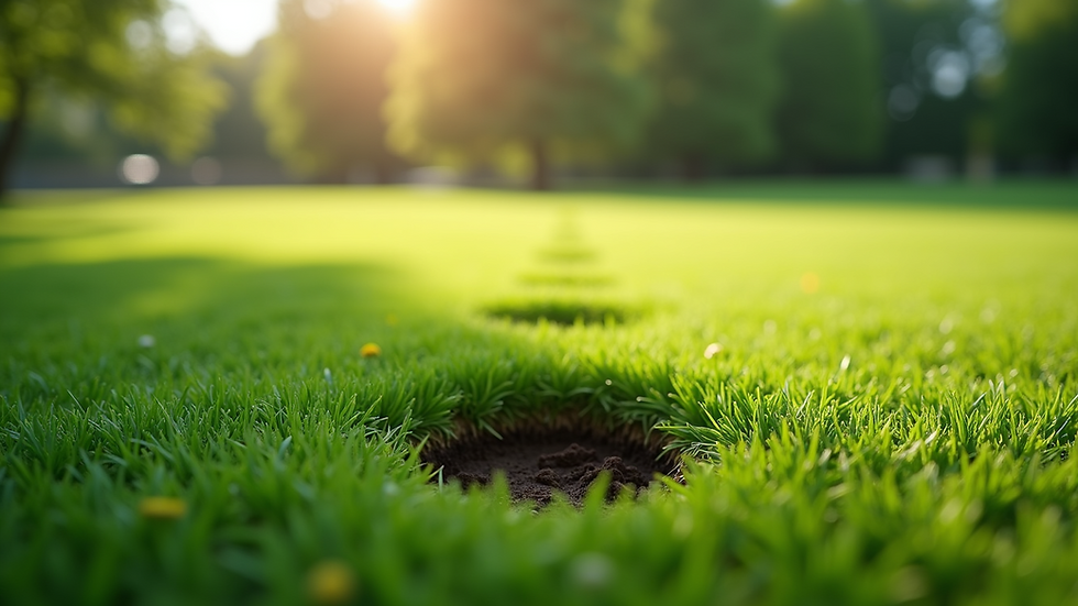 Close-up view of aeration holes on a green lawn