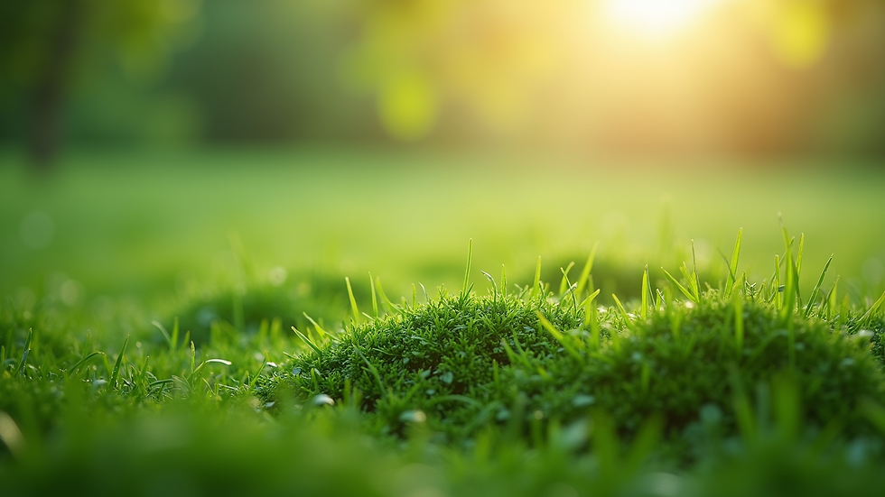 Close-up view of green grass with fresh fertilizer granules