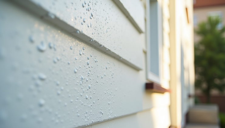 Close-up view of a freshly pressure washed and prepped house wall ready for painting