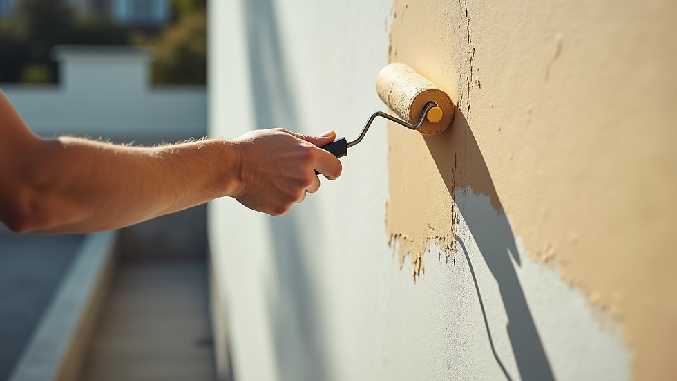 Close-up view of a painter rolling exterior wall paint