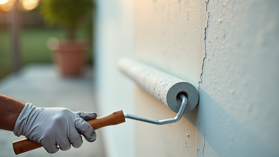 Close-up view of a painter rolling exterior wall paint